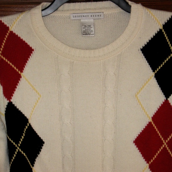 GEOFFREY BEENE ARGYLE CREAM CREWNECK SWEATER XL - Picture 3 of 4